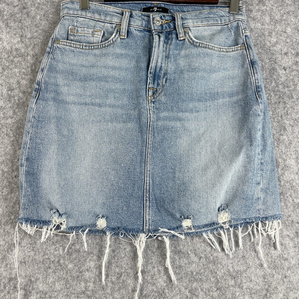 7 For All Mankind Mia Mini Denim Skirt Womens 26 Light Wash Raw Hem Distressed